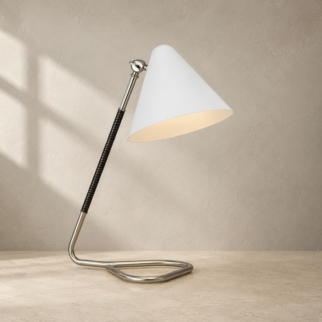Laken 17-Inch LED Desk Lamp in Polished Nickel and Black Rattan by Visual Comfort Signature